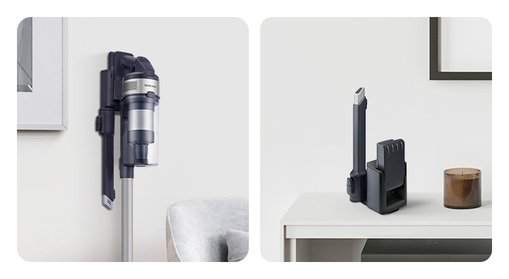 왼쪽에는 제트 150W가 벽에 거치 된 모습이 보이고 오른쪽에는 틈새 브러시와 충전기에 장착 된 배터리가 보입니다.