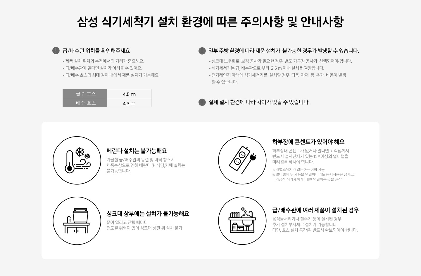 삼성 식기세척기 설치 환경에 따른 주의사항 및 안내사항이 쓰여져 있습니다.