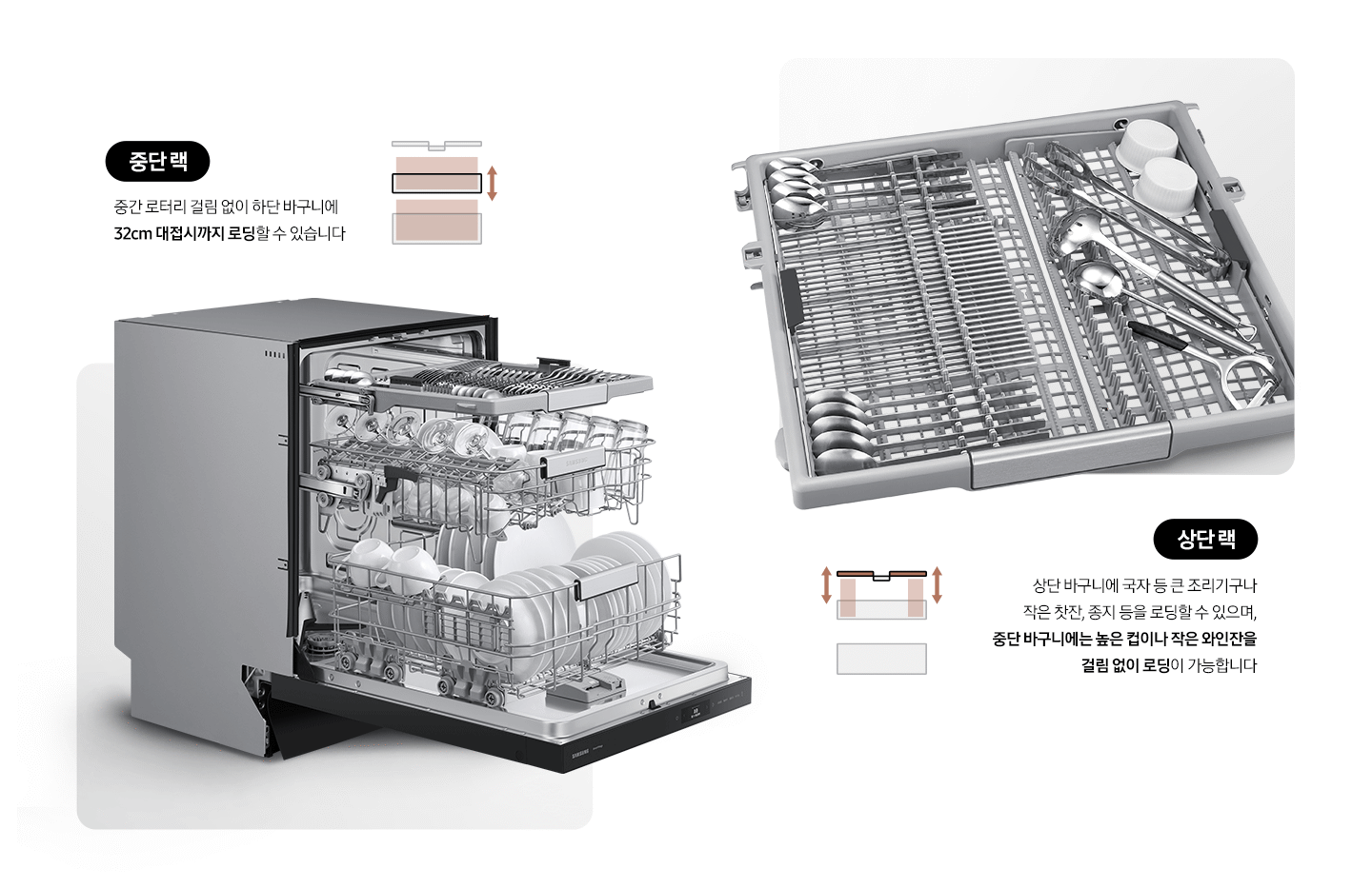 왼쪽엔 중단랙. 중간 로터리 걸림 없이 하단 바구니에 32cm 대접시까지 로딩할 수 있습니다. 글자 옆 중단 랙의 움직임을 표현하는 아이콘이 위 아래로 움직입니다. 그 아래로 화이트 바디 식기세척기가 오른쪽 측면으로 보여지고 완전히 문이 열림 상태로 내부 가득 하얀 식기와 수저, 와인잔 등이 적재된 상태로 중단랙이 위 아래로 움직이고 있습니다. 오른쪽 상단엔 상단랙 내부에 식기와 조리도구가 차곡차곡 적재 된 상태로 좌 우가 동시에 위 아래로 움직이고 있습니다. 그 아래로 살단랙. 상단 바구니에 국자 등 큰 조리기구나 작은 찻잔, 종지 등을 로딩할 수 있으며, 중단 바구니에는 높은 컵이나 작은 와인잔을 걸림 없이 로딩이 가능합니다. 라는 문구와 왼쪽엔 상단랙의 움직임을 표현하는 아이콘이 위 아래로 움직입니다.