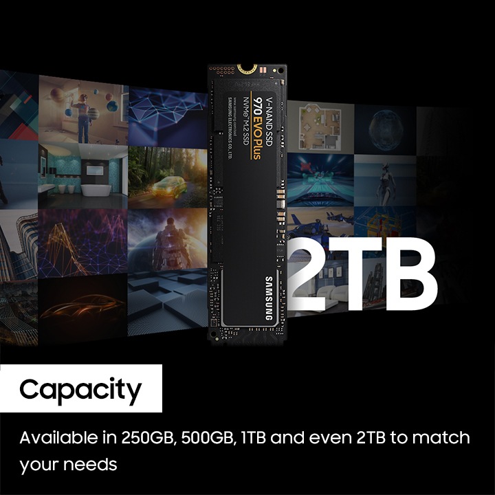 SSD 970 EVO Plus 2 TB 메모리 카드가 보이며 뒤 배경으로 다양한 이미지 사진들이 보입니다.