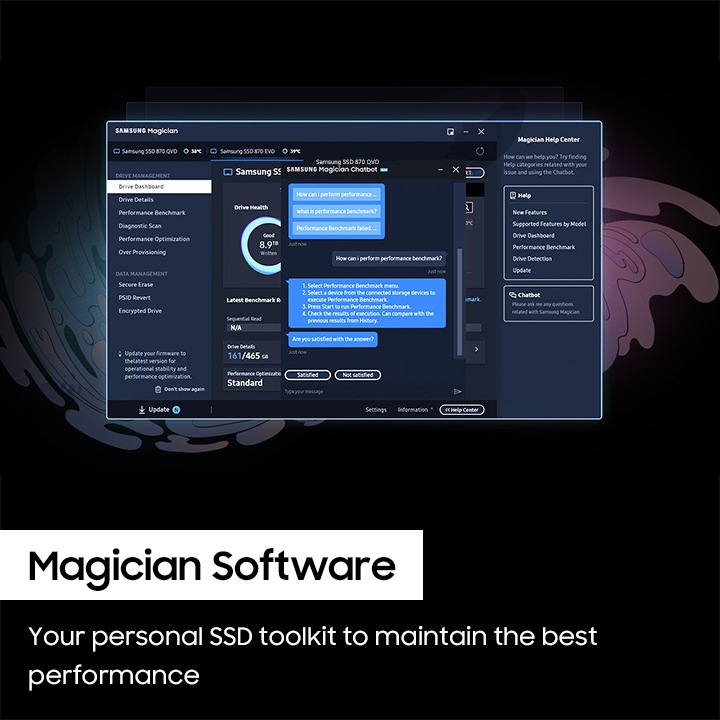 삼성 매지션 소프트웨어 6.0의 UI가 보이며, 지속적인 SSD와 드라이브 상태를 모니터링하여 쉽게 관리 할 수 있는 것을 보여주는 이미지입니다.