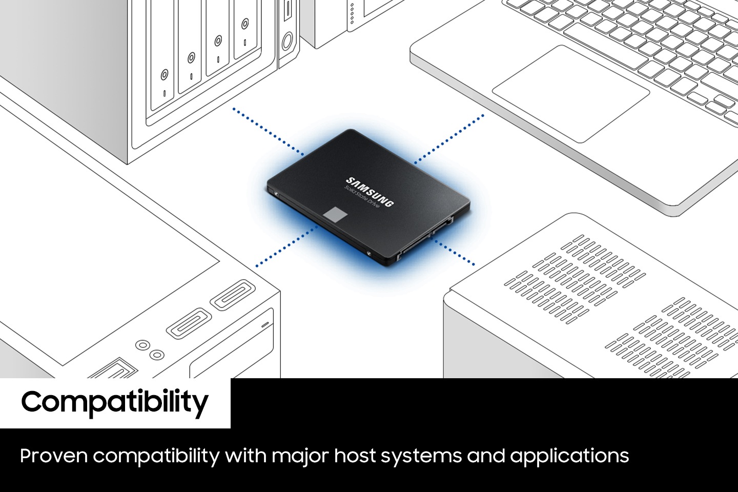 노트북, PC, NAS의 일러스트가 중심에 누워 있는 내장 SSD 제품 이미지를 중심으로 시계방향으로 나열해 있으며 각각 파란색상의 점으로 직선을 그려 이어져 있습니다.