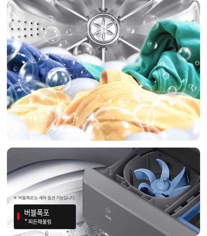 세탁기에서 섬유유연제와 세제투입부에서 버블을 만들어 내는 이미지가 보입니다. 버블키트가 줌인되어있는데 모양은 파란색 플라스틱 작은 통안엔 톱니바퀴와 같은 버블키트가 있습니다. 전체적인 이미지는 세탁기 내부를 보여주고 있습니다.