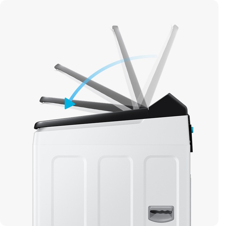 이미지는 세탁기의 우측단면을 보여줍니다. 세탁기의 뚜껑이 위에서 아래로 닫히는 과정을 1장의 이미지로 표현하고있습니다. 화살표를 통해 세탁기의 도어문이 부드럽게 닫히는 모습을 보여줍니다.