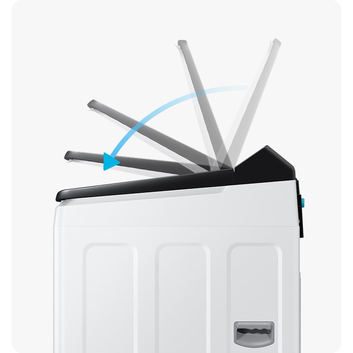 이미지는 세탁기의 우측단면을 보여줍니다. 세탁기의 뚜껑이 위에서 아래로 닫히는 과정을 1장의 이미지로 표현하고있습니다. 화살표를 통해 세탁기의 도어문이 부드럽게 닫히는 모습을 보여줍니다.