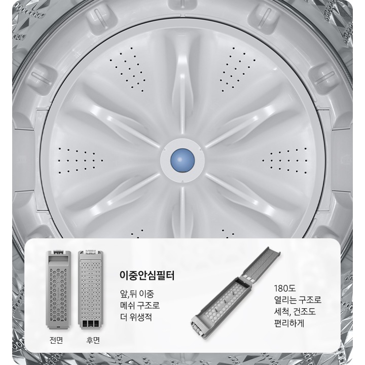 [세탁기 내부가 보입니다. 이미지의 하단은 배너로 표시되어 있습니다. 하단에는 이중안심필터의 전면화 후면의 이미지와 180도 열리는 구조로 세척, 건조도 편리하게 라는 문구글귀보입니다.]