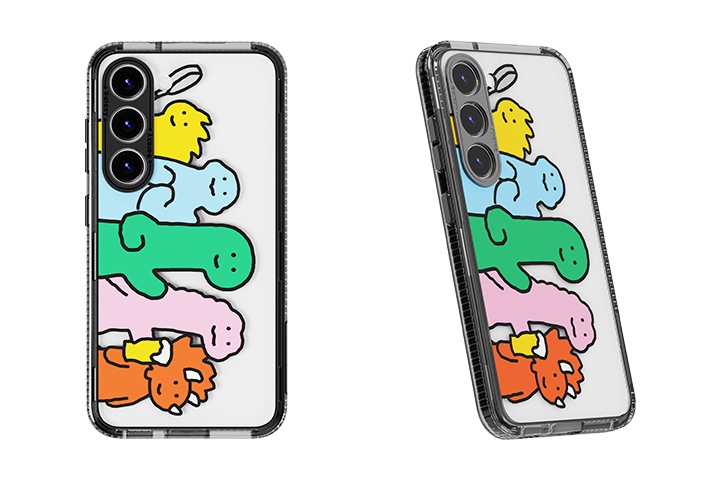 갤럭시 S23 조구만 스튜디오 버라이어티 케이스 제품을 장착한 갤럭시 기기가 2개 보여지며 왼쪽에는 제품 정면 오른쪽에는 오른쪽으로 회전한 제품이 보여집니다.