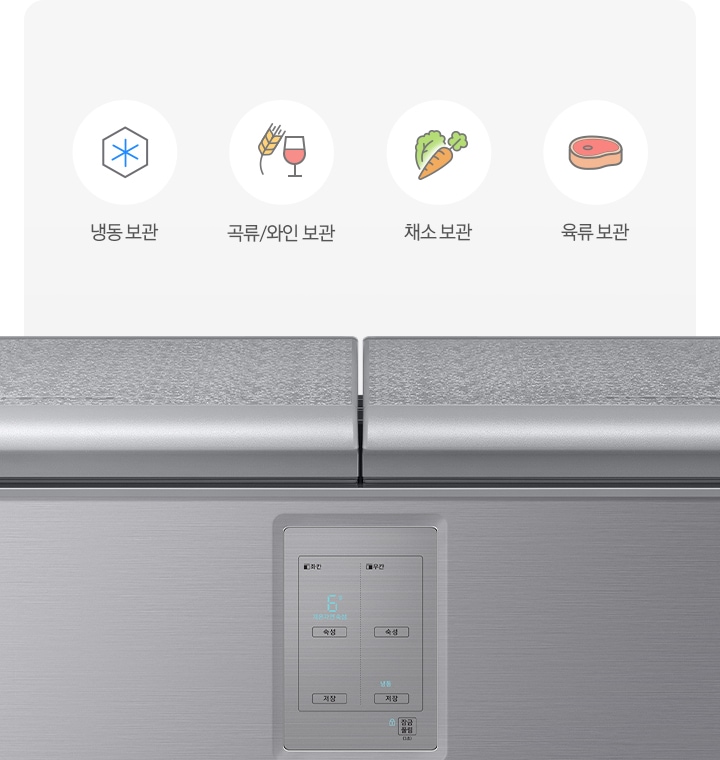 문이 닫힌 김치냉장고와 냉동보관, 쌀/와인보관, 야채보관, 육류보관을 나타내는 아이콘과 텍스트가 보여집니다.