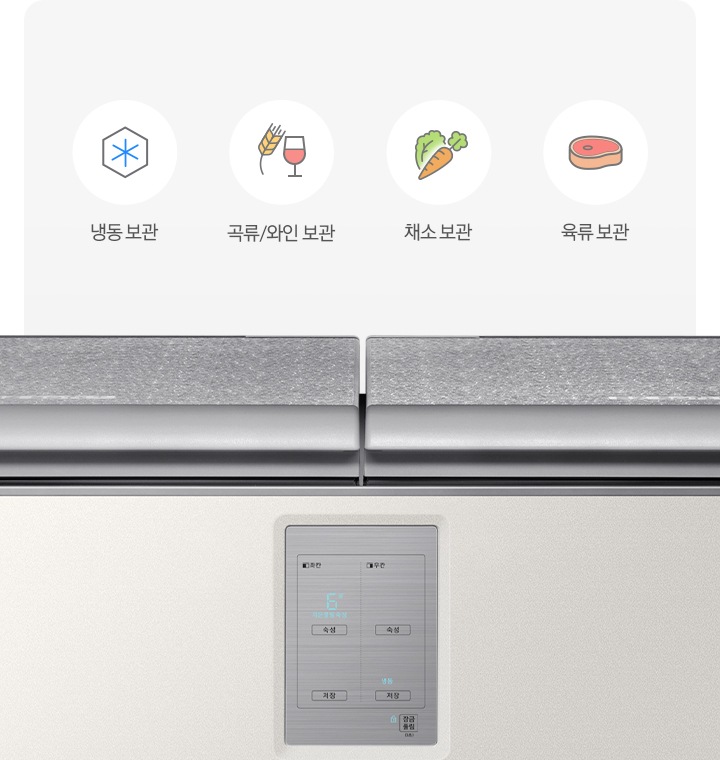 문이 닫힌 김치냉장고와 냉동보관, 쌀/와인보관, 야채보관, 육류보관을 나타내는 아이콘과 텍스트가 보여집니다.