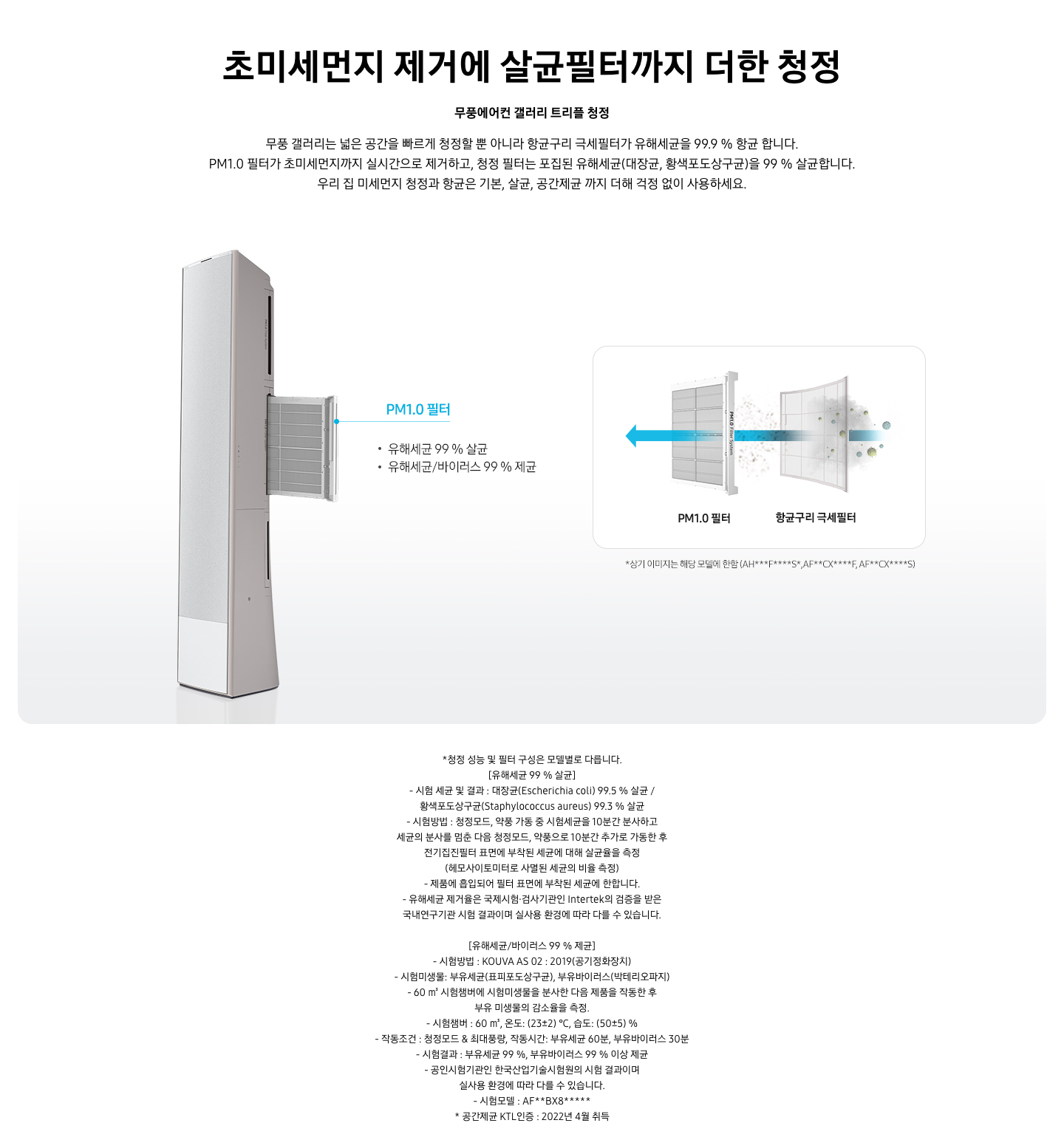 갤러리 에어컨 옆으로 PM 1.0필터가 나와있으며 유해세균 99% 살균 유해세균과 바이러스 99% 제균에 대한 내용이 있습니다. 