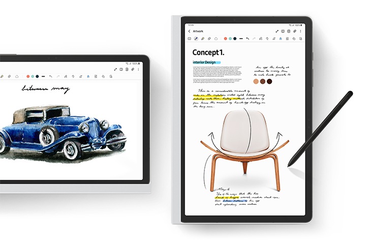 노트페이퍼 스크린을 장착 후 필기하는 모습을 보여주는 이미지