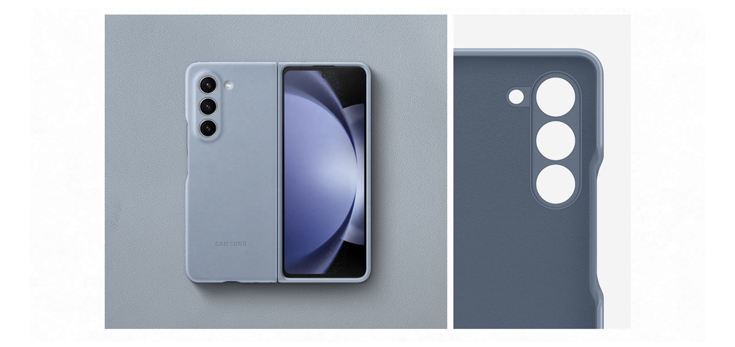 아이스 블루 색상의 비건 레더 케이스를 씌운 갤럭시 Z 폴드5를 펼친 뒷모습입니다. 그 옆에는 케이스의 카메라 부분이 클로즈업되어 있습니다. 