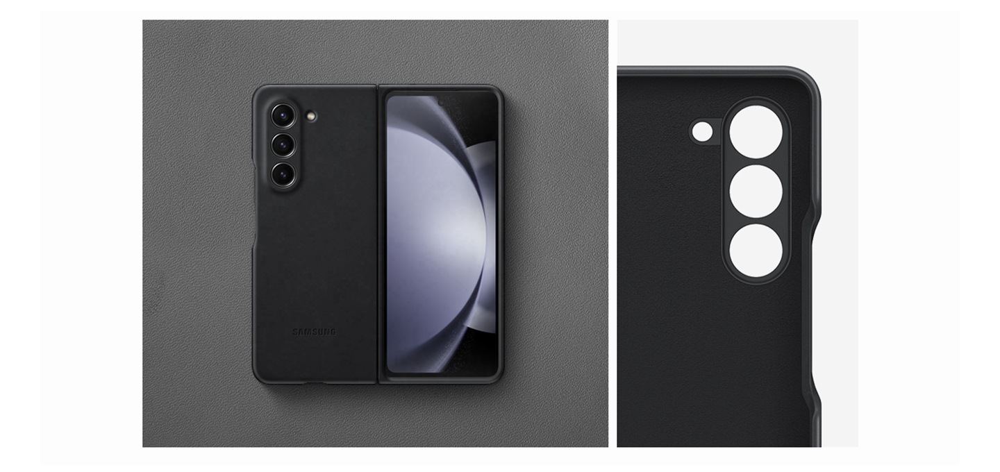 블랙 색상의 비건 레더 케이스를 씌운 갤럭시 Z 폴드5를 펼친 뒷모습입니다. 그 옆에는 케이스의 카메라 부분이 클로즈업되어 있습니다. 