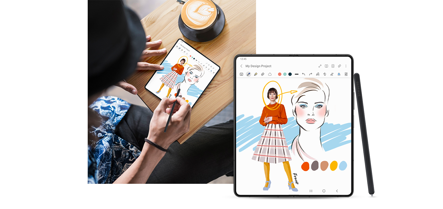 한 사람이 갤럭시 Z 폴드5 S펜 폴드 에디션으로 인물을 그립니다. 알록달록한 컬러를 입히고 있습니다. 그 옆에는 펼쳐진 갤럭시 Z 폴드5가 있고 화면에는 다 그려진 인물 그림이 있습니다. S펜이 그 옆에 기댄 채로 세워져 있습니다. 