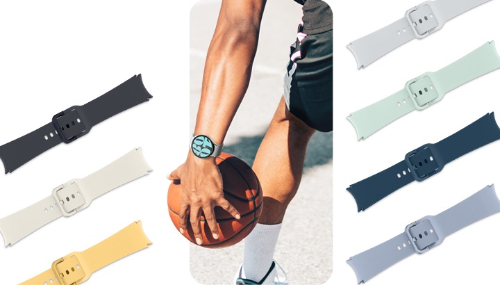 갤럭시 워치 시리즈 스포츠 스트랩  제품을 갤럭시 워치에 장착하여 농구공을 손으로 잡고 있는 모습이 보여집니다. 왼쪽에는 갤럭시 워치 시리즈 스포츠 스트랩 3개가 다른색으로 보여지며 오른쪽에는 갤럭시 워치 시리즈 스포츠 스트랩 4개가 다른색으로 보여집니다.