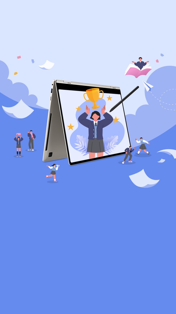 좌측 교복입고있는 여성 과 가운데 남녀 학생들, 갤북3 화면안에 트로피를 들고있는 여성 우측에는 종이비행기와 책위에 앉아있는 남자학생