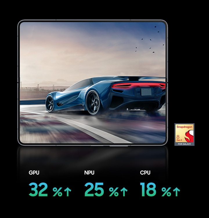 갤럭시 Z 폴드5 메인 디스플레이에 표시된 젖은 도로를 질주하는 경주용 자동차의 게임 플레이 화면입니다. 움직임이 부드럽고 그래픽이 선명합니다.