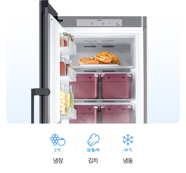 BESPOKE 김치플러스 1도어 좌개폐 안에 음식들과 김치통이 들어있습니다. 그 아래 냉장은 2도, 김치는 강냉/표중/약냉, 냉동은 -23~-17도임을 알려주고있습니다.
