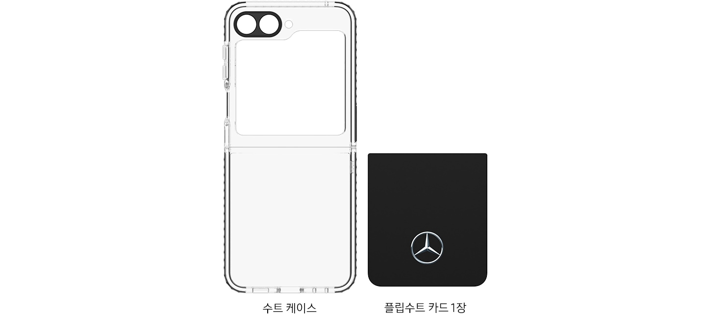 This is an image of the product composition of the Galaxy Z Flip 5 Mercedes-Benz Suit Case with Flip Suit Card.