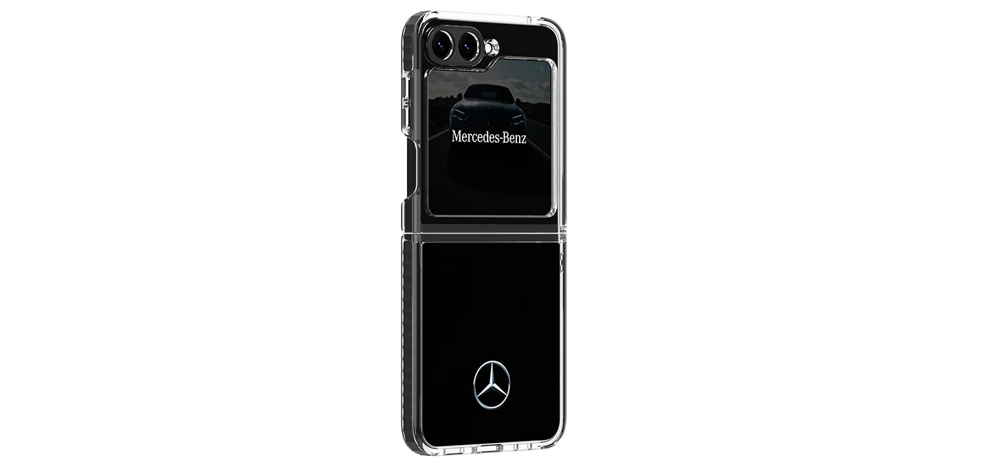 On a white background, the Galaxy Z Flip 5 Benz Suit Case with Flip 5 equipped with the Flip Suit card is placed 15 degrees to the right.