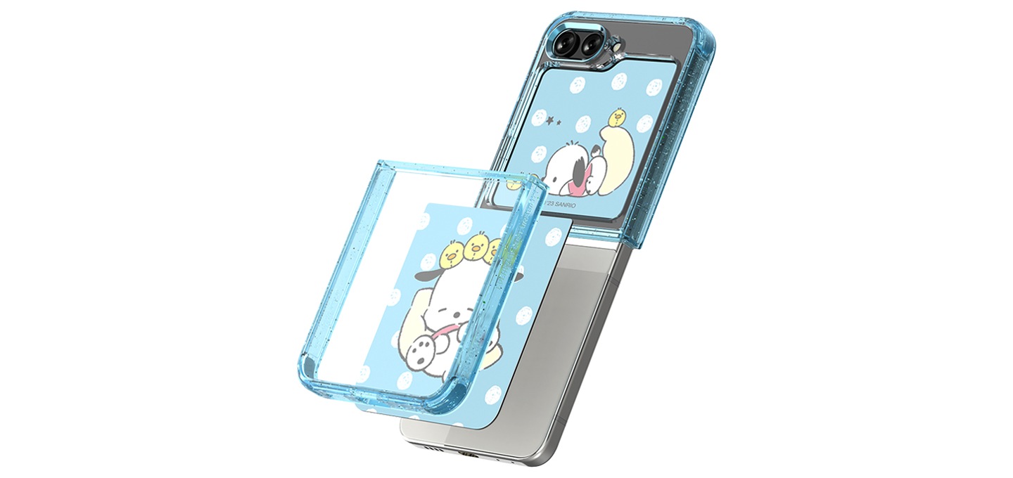 갤럭시 Z 플립5 포챠코 플립 수트 케이스 뒷면 케이스 부분 분할샷을 보여주고 있습니다.