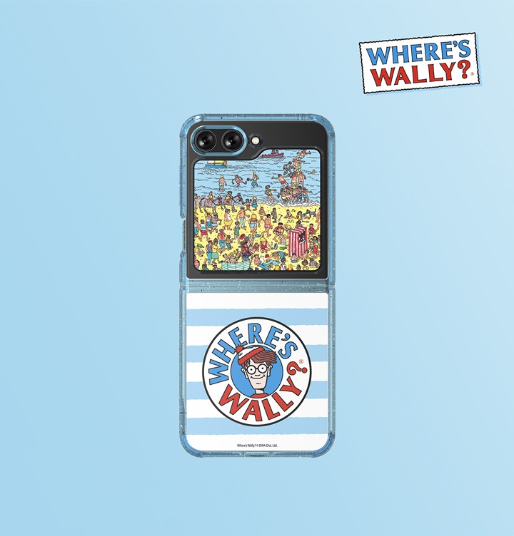 하늘색 배경에 오른쪽 상단에 월리 로고가 보여집니다. 갤럭시 Z 플립5에 케이스와 월리 플립수트 카드(스카이 블루)가 장착되어 있는 이미지가 보여집니다.