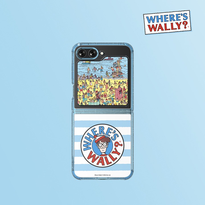 하늘색 배경에 오른쪽 상단에 월리 로고가 보여집니다. 갤럭시 Z 플립5에 케이스와 월리 플립수트 카드(스카이 블루)가 장착되어 있는 이미지가 보여집니다.