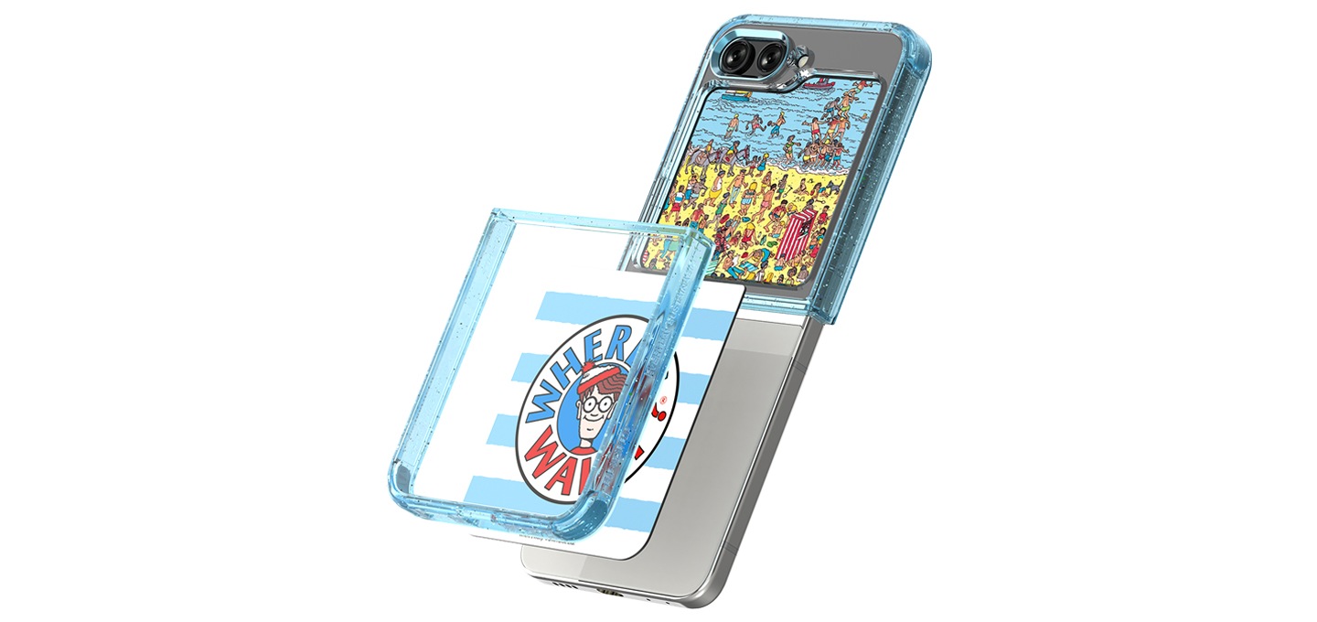 갤럭시 Z 플립 5에 월리 플립 수트 카드와 커버가 장착되고 있는 모습이 보입니다.