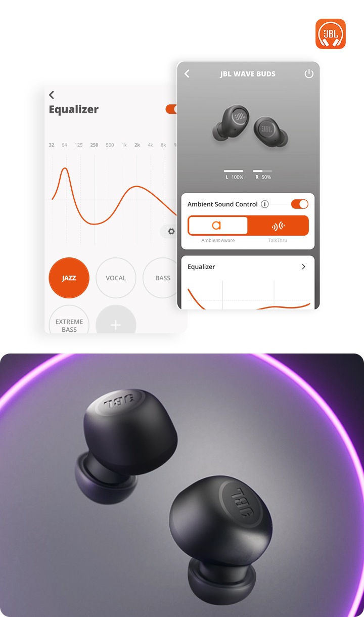 오른쪽에는 앱 화면이 노출되고 있으며, 왼쪽에는 이어폰이 노출되고 있습니다.