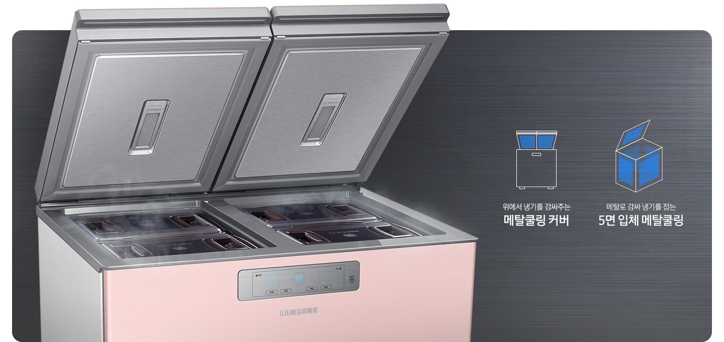 양쪽 뚜껑이 열린 김치냉장고가 보여지고, 메탈쿨링을 나타내는 아이콘과 텍스트가 있습니다. 위에서 냉기를 감싸주는 메탈쿨링 커버, 메탈로 감싸 냉기를 잡는 5면 입체 메탈쿨링 문구와 이를 표현하는 아이콘들이 있스빈다. 커버는 뚜껑에 파란색 표기가 되어있고, 5면 입체 메탈쿨링은 뚜껑부터 안에 바닥 외 사면이 파란색으로 표기되어있습니다.
