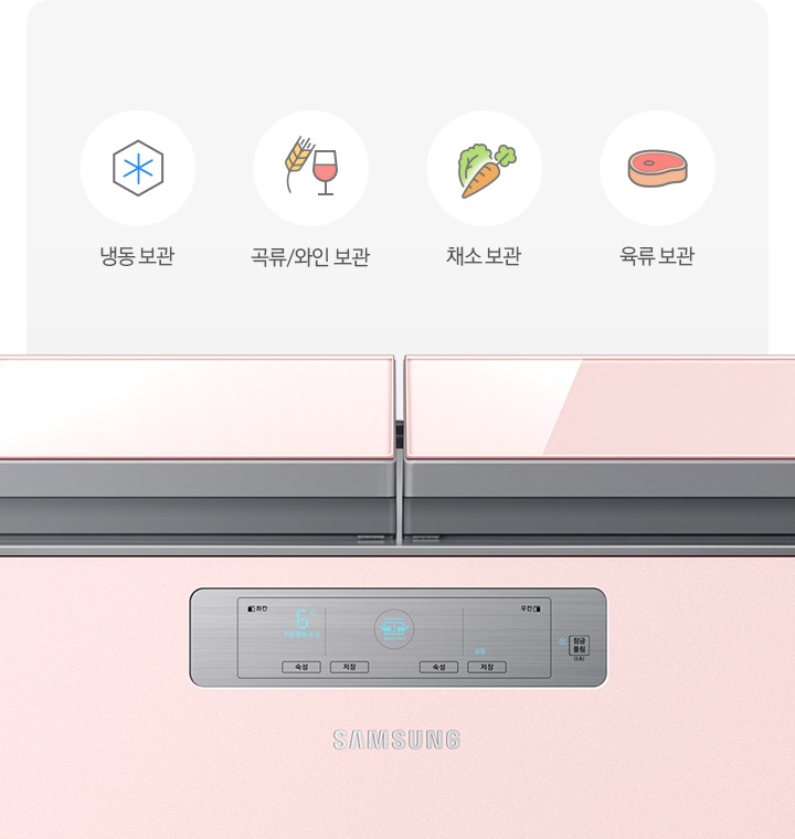 문이 닫힌 김치냉장고와 냉동보관, 쌀/와인보관, 야채보관, 육류보관을 나타내는 아이콘과 텍스트가 보여집니다.