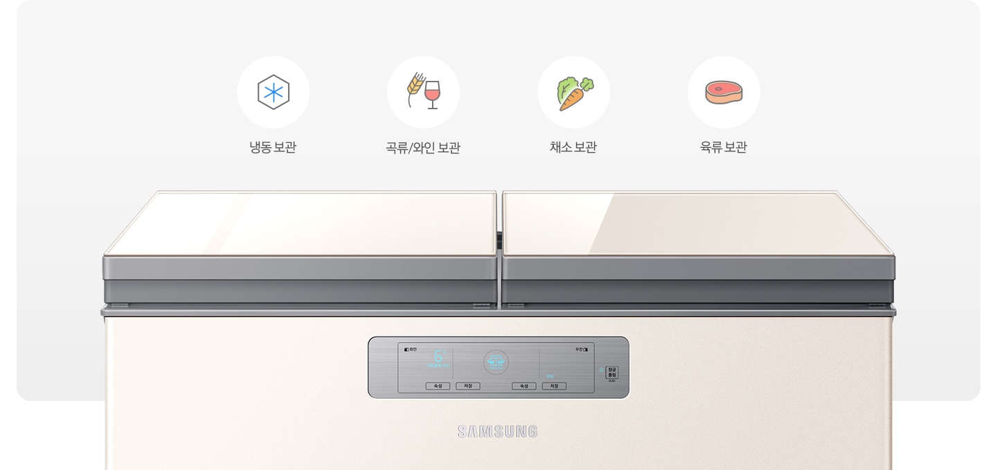 문이 닫힌 김치냉장고와 냉동보관, 쌀/와인보관, 야채보관, 육류보관을 나타내는 아이콘과 텍스트가 보여집니다.