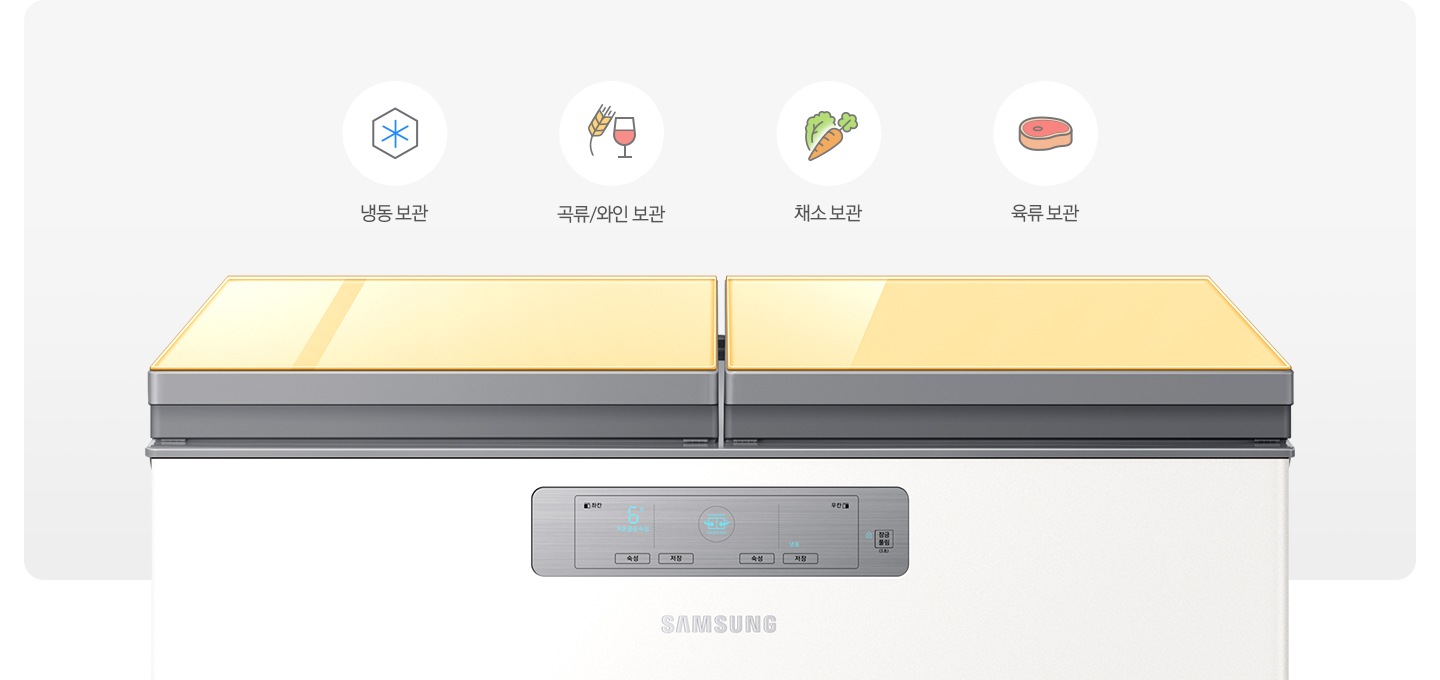 문이 닫힌 김치냉장고와 냉동보관, 쌀/와인보관, 야채보관, 육류보관을 나타내는 아이콘과 텍스트가 보여집니다.
