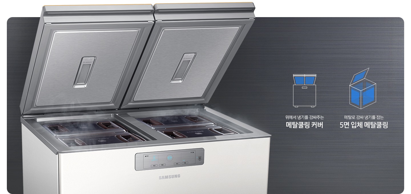 양쪽 뚜껑이 열린 김치냉장고가 보여지고, 메탈쿨링을 나타내는 아이콘과 텍스트가 있습니다. 위에서 냉기를 감싸주는 메탈쿨링 커버, 메탈로 감싸 냉기를 잡는 5면 입체 메탈쿨링 문구와 이를 표현하는 아이콘들이 있스빈다. 커버는 뚜껑에 파란색 표기가 되어있고, 5면 입체 메탈쿨링은 뚜껑부터 안에 바닥 외 사면이 파란색으로 표기되어있습니다.