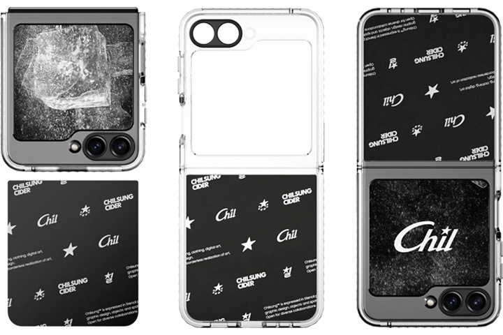 왼쪽 상단에는 갤럭시 Z 플립5 칠성사이다 수트 케이스 with 플립수트 카드 제품을 갤럭시 Z 플립에 장착되어 닫혀서 보여지며 왼쪽 하단에는 갤럭시 Z 플립5 칠성사이다 수트 케이스 with 플립수트 카드 제품의 플립수트 카드가 보여지며 가운데에는 갤럭시 Z 플립5 칠성사이다 수트 케이스 with 플립수트 카드 제품의 수트 케이스와 플립수트 카드가 장착되어 보여지며  오른쪽에는 갤럭시 Z 플립5 칠성사이다 수트 케이스 with 플립수트 카드 제품이 갤럭시 Z 플립에 장착되어 보여집니다.