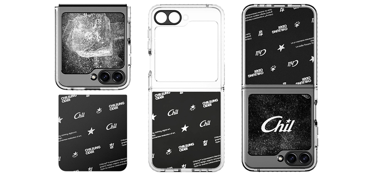 왼쪽 상단에는 갤럭시 Z 플립5 칠성사이다 수트 케이스 with 플립수트 카드 제품을 갤럭시 Z 플립에 장착되어 닫혀서 보여지며 왼쪽 하단에는 갤럭시 Z 플립5 칠성사이다 수트 케이스 with 플립수트 카드 제품의 플립수트 카드가 보여지며 가운데에는 갤럭시 Z 플립5 칠성사이다 수트 케이스 with 플립수트 카드 제품의 수트 케이스와 플립수트 카드가 장착되어 보여지며  오른쪽에는 갤럭시 Z 플립5 칠성사이다 수트 케이스 with 플립수트 카드 제품이 갤럭시 Z 플립에 장착되어 보여집니다.