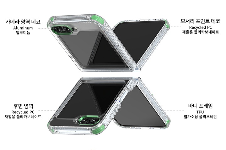 2개의 갤럭시 Z 플립에 케이스만 장착되어 보여지고 있습니다. 2개의 갤럭시 Z 플립이 반으로 접혀 위 아래로 마주보고 X자 모양으로 보여집니다. 이미지에 케이스에 대한 설명이 보여집니다. 왼쪽 위에는 카메라 영역 데코 Aluminum 알루미늄 텍스트가 카메라 영역 쪽에 보여집니다. 오른쪽 위에는 모서리 포인트 데코 Recycled PC 재활용 폴리카보네이트 텍스트가 케이스 모서리쪽에 보여집니다. 왼쪽 하단에는 후면부 영역 Recycled PC 재활용 폴리카보네이트 텍스트가 케이스 옆쪽에 보여집니다. 오른쪽 하단에는 바디 프레임 TPU 열가소성 폴리우레탄 텍스트가 케이스 뒤쪽에 이미지가 보여집니다.