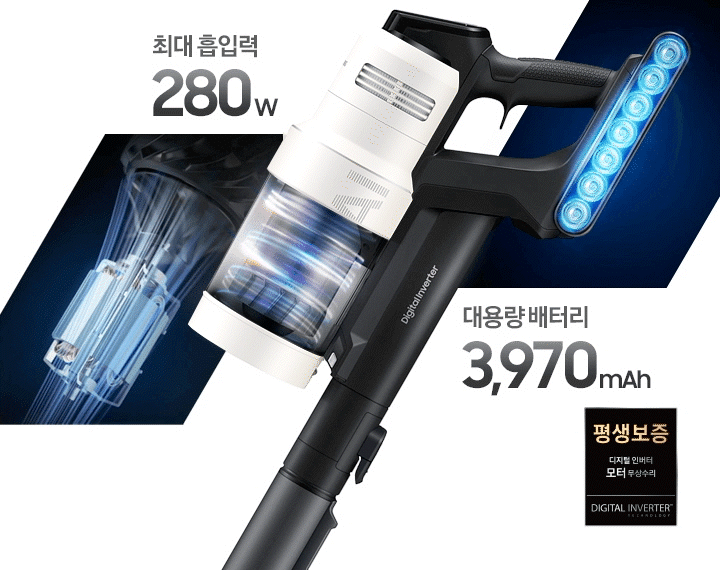 좌측엔 특허 출원한 제트의 모터가 강력하게 흡입하고 있는 모습이 보이고 가운데에는 BESPOKE제트 AI 새틴 세이지그린 청소기의 완측면이 보이며, 먼지통 안이 파란 불빛을 보이며 회전 중인 모습이 보입니다. 오른쪽으로는 성능이 좋아진 배터리 안으로 에너지가 회전 되는 모습이 파란색 불빛으로 보여집니다.