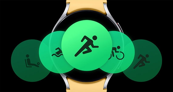 갤럭시 워치6 디스플레이 앞에 서로 다른 운동 아이콘이 표시됩니다. 가운데에는 자전거 타는 사람의 아이콘이 있습니다.