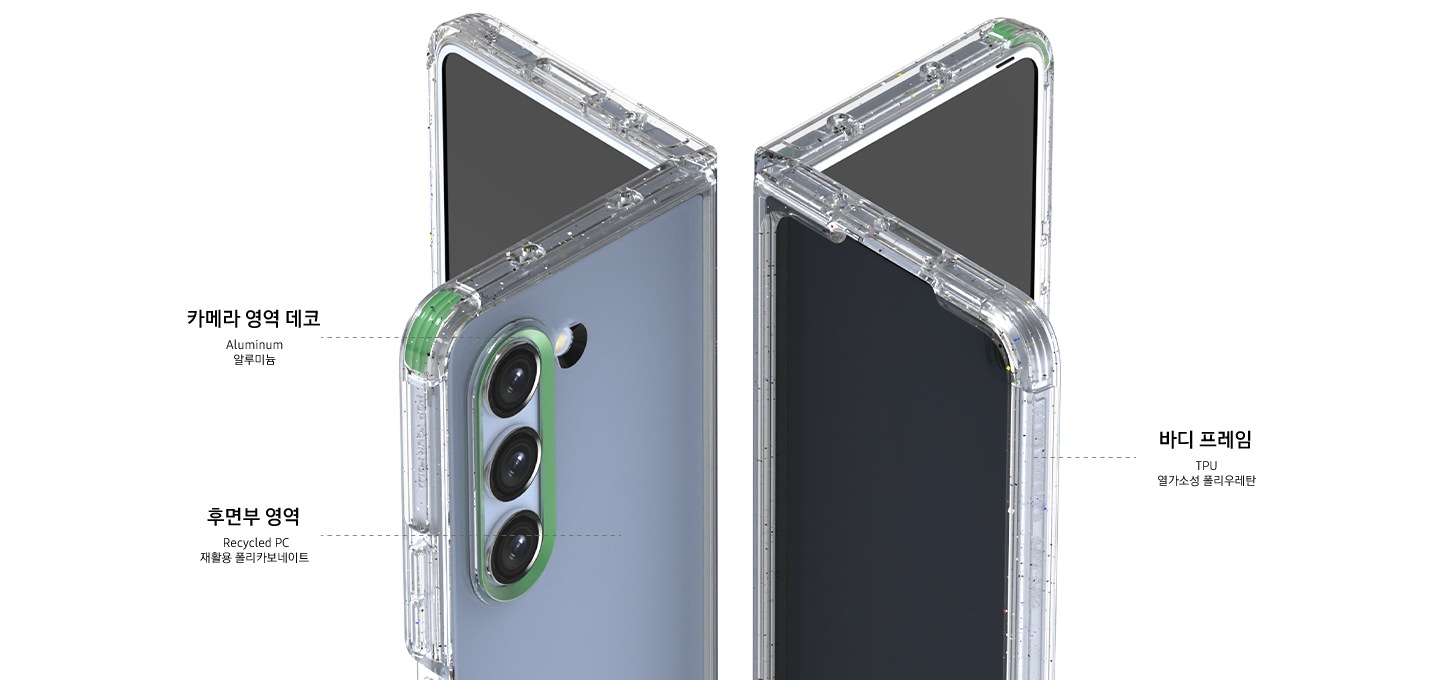 2개의 갤럭시 Z 폴드에 케이스에 갤럭시 Z 폴드가 장착되어 보여지고 있습니다. 2개의 갤럭시 Z 폴드가 반으로 접혀 좌 우로 마주보고 X자 모양으로 보여집니다. 이미지에 케이스에 대한 설명이 보여집니다. 왼쪽 위에는 카메라 영역 데코 Aluminum 알루미늄 텍스트가 카메라 영역 쪽에 보여집니다. 왼쪽 중앙에는 모서리 포인트 데코 Recycled PC 재활용 폴리카보네이트 텍스트가 케이스 후면부쪽에 보여집니다. 오른쪽 중앙에는 바디 프레임 TPU 열가소성 폴리우레탄 텍스트가 케이스 뒤쪽에 이미지가 보여집니다.