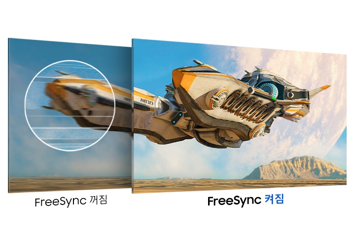 AMD FreeSync™가 적용된 모니터와 그렇지 않은 모니터 두대를 비교하여 보여주고 있습니다.