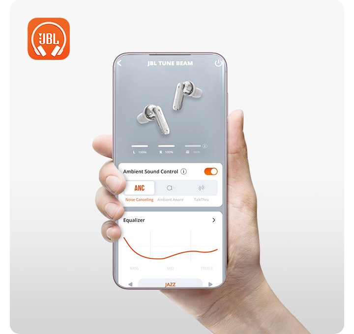 휴대폰 속 JBL 앱이 켜져 있습니다.