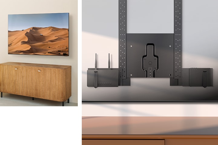 거실의 모습이 보입니다. 왼쪽 벽면에 무타공 벽걸이로 설치되어 있는 삼성 평면 TV 제품이 보입니다. 오른쪽에는 무타공 벽걸이 제품컷이 보입니다.