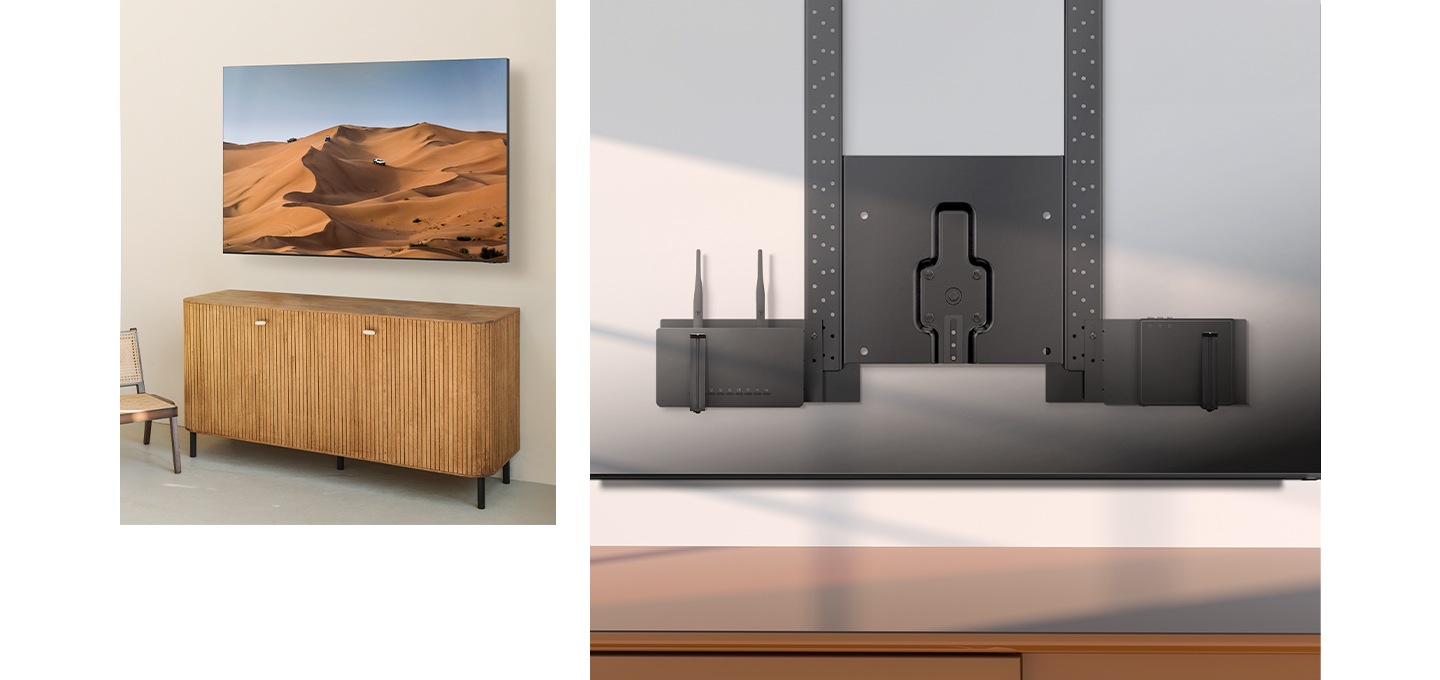 거실의 모습이 보입니다. 왼쪽 벽면에 무타공 벽걸이로 설치되어 있는 삼성 평면 TV 제품이 보입니다. 오른쪽에는 무타공 벽걸이 제품컷이 보입니다.
