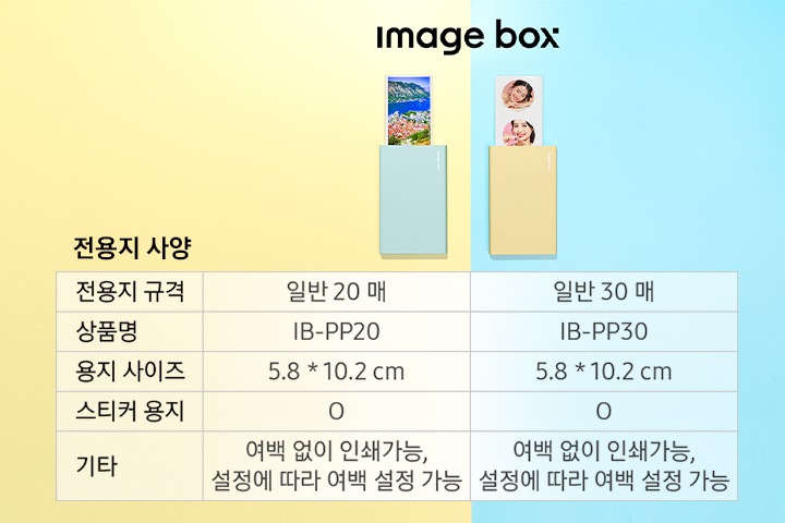 이미지 왼쪽 부분에는 노란색 배경에 모바일 포토 프린터 (블루) 제품이 세로로 세워진 정면 이미지에서 배경이 이미지가 출력되고 있는 이미지가 있고 이미지 오른쪽 부분에는 파란색 배경에 모바일 포토 프린터 (옐로우) 제품이 세로로 세워진 정면 이미지에서 엎드려 있는 여성의 얼굴 이미지가 출력되고 있는 이미지가 있습니다. 이미지 하단에는 전용지 사양이 표로 나타나 있습니다. 전용지 규격 일반 20 매의 경우 상품명은 IB-PP20, 용지 사이즈는 5.8*10.2 cm로 적혀 있으며 전용지 규격 일반 30 매의 경우 상품명은 IB-PP30, 용지 사이즈는 5.8*10.2 cm로 적혀있습니다. 전용지 규격 일반 20 매와 일반 30 매의공통으로 스티커 용지는 사용 가능하며 기타에 여백없이 인쇄가증, 설정에 따라 여백 설정 가능 텍스트가 적혀 있습니다.