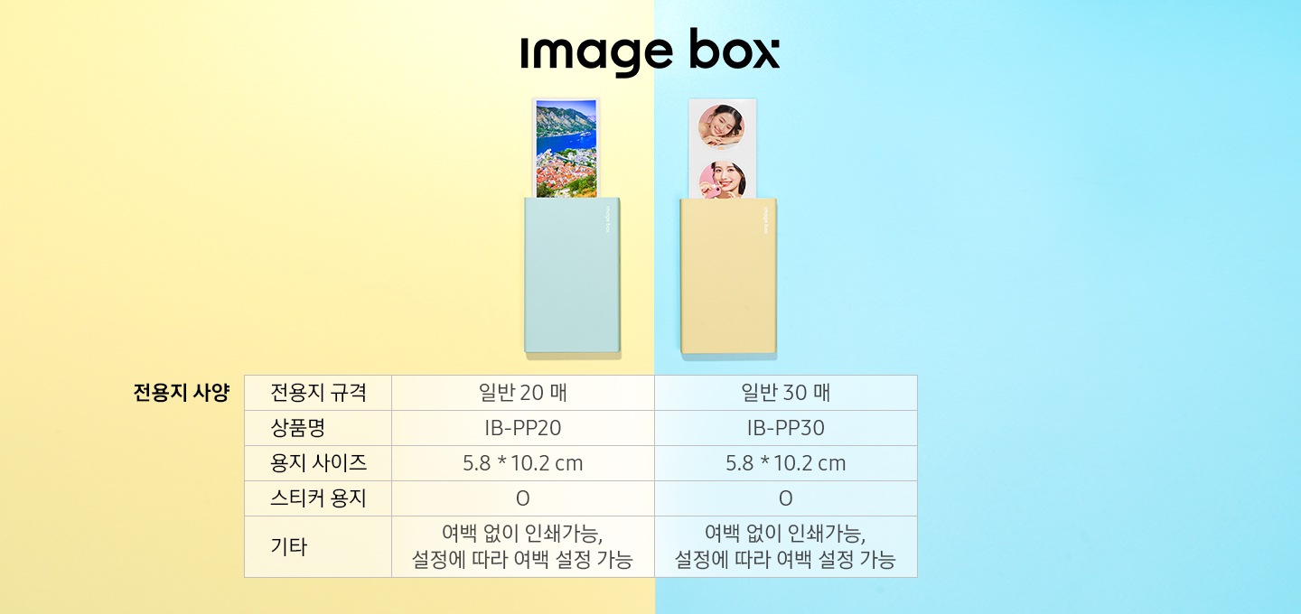 이미지 왼쪽 부분에는 노란색 배경에 모바일 포토 프린터 (블루) 제품이 세로로 세워진 정면 이미지에서 배경이 이미지가 출력되고 있는 이미지가 있고 이미지 오른쪽 부분에는 파란색 배경에 모바일 포토 프린터 (옐로우) 제품이 세로로 세워진 정면 이미지에서 엎드려 있는 여성의 얼굴 이미지가 출력되고 있는 이미지가 있습니다. 이미지 하단에는 전용지 사양이 표로 나타나 있습니다. 전용지 규격 일반 20 매의 경우 상품명은 IB-PP20, 용지 사이즈는 5.8*10.2 cm로 적혀 있으며 전용지 규격 일반 30 매의 경우 상품명은 IB-PP30, 용지 사이즈는 5.8*10.2 cm로 적혀있습니다. 전용지 규격 일반 20 매와 일반 30 매의공통으로 스티커 용지는 사용 가능하며 기타에 여백없이 인쇄가증, 설정에 따라 여백 설정 가능 텍스트가 적혀 있습니다.