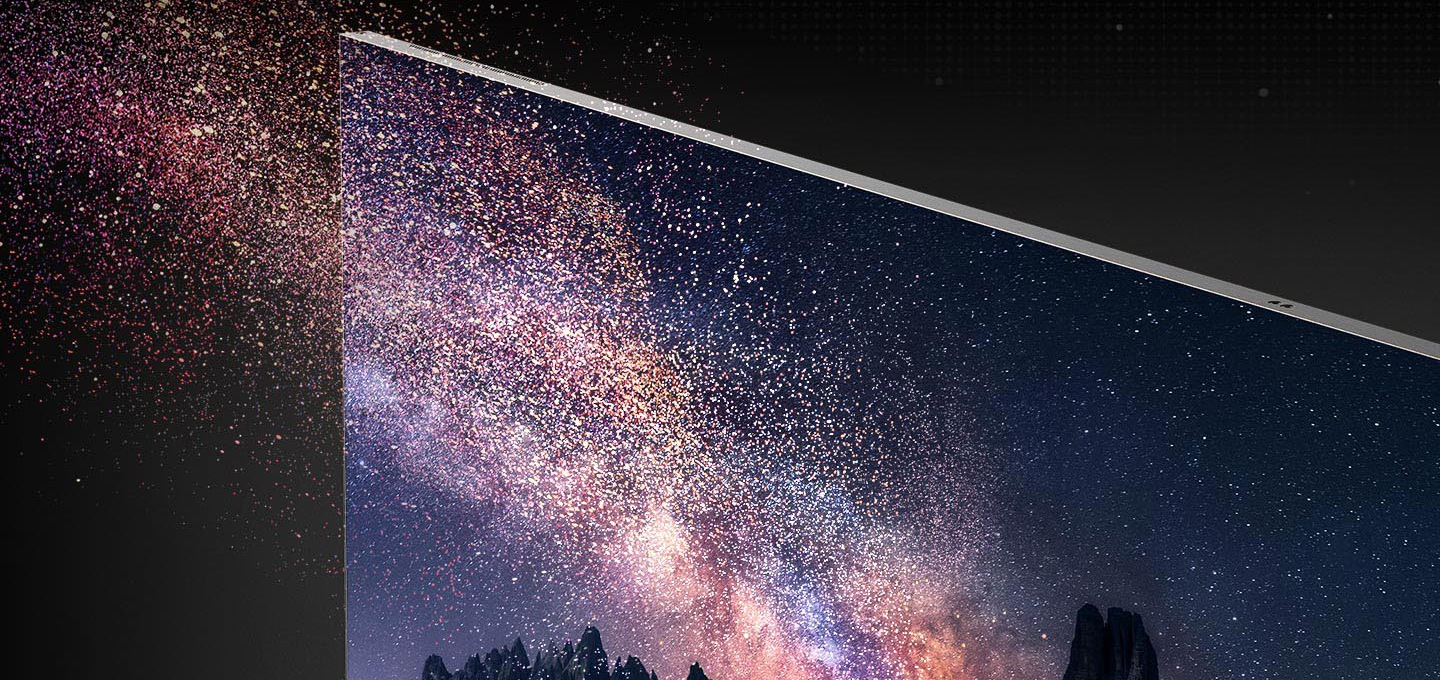 무수한 별들이 밤하늘을 가득 채운 협곡의 모습이 MICRO LED 화면에 띄워져 있습니다. 이는 MICRO LED 기술의 초정밀 LED를 강조하는 장면입니다.