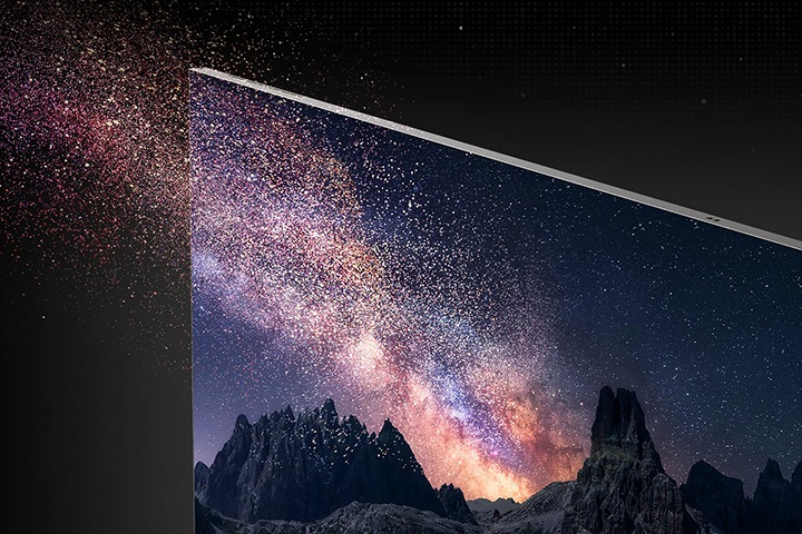 무수한 별들이 밤하늘을 가득 채운 협곡의 모습이 MICRO LED 화면에 띄워져 있습니다. 이는 MICRO LED 기술의 초정밀 LED를 강조하는 장면입니다.