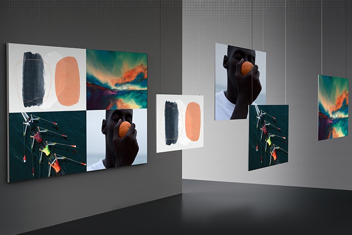 예술 작품, 자연 풍경, 과일을 먹는 사람, 조정 경기 등 4개의 이미지가 천장에 걸려 있습니다. 그 뒤 벽면에 장착된 MICRO LED 화면 속에 천장에 걸려 있던 4개의 이미지가 4분할로 함께 띄워져 있습니다.