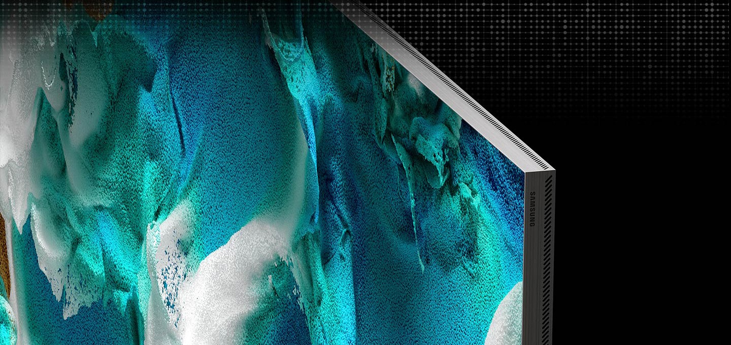 MICRO LED TV의 초소형 베젤이 클로즈업되어 모노리스 디자인을 보여줍니다. 화면에는 컬러 액체가 함께 혼합된 모습이 표시됩니다.